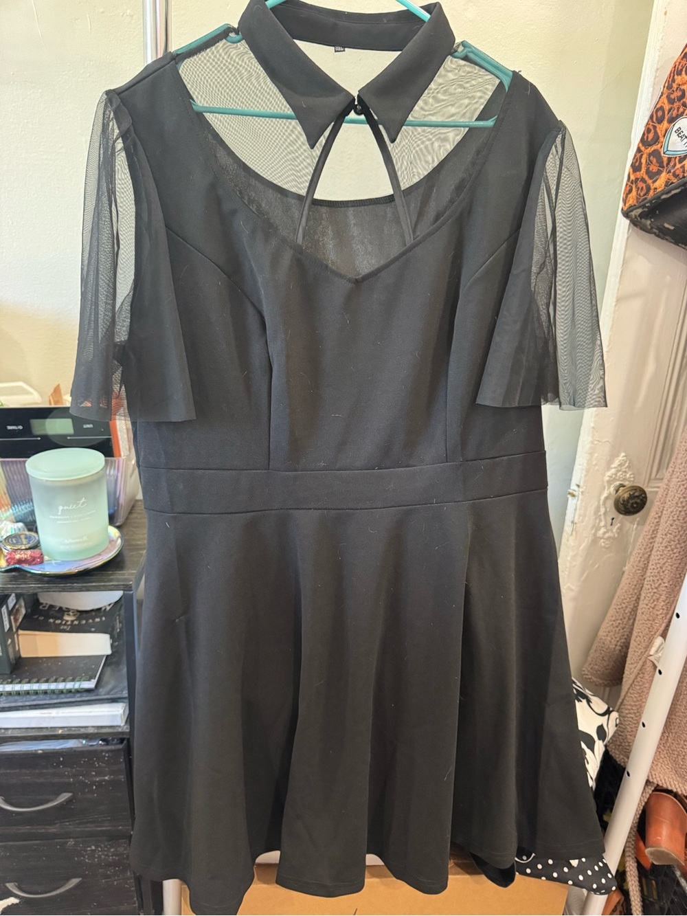 Black A-line dress w sheer details w Collar
